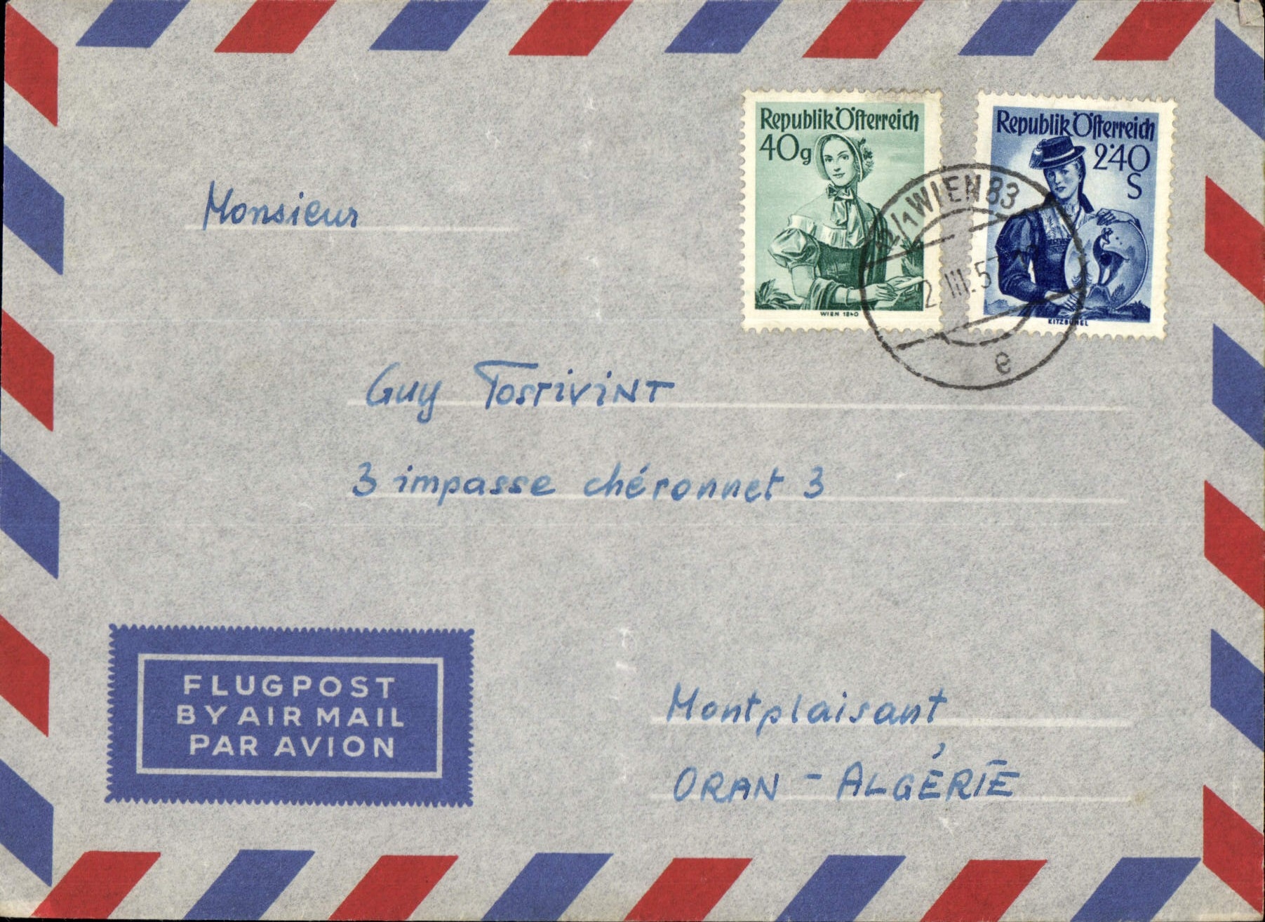 Lettre Autriche 1957 pour Montplaisant Oran Algerie 
