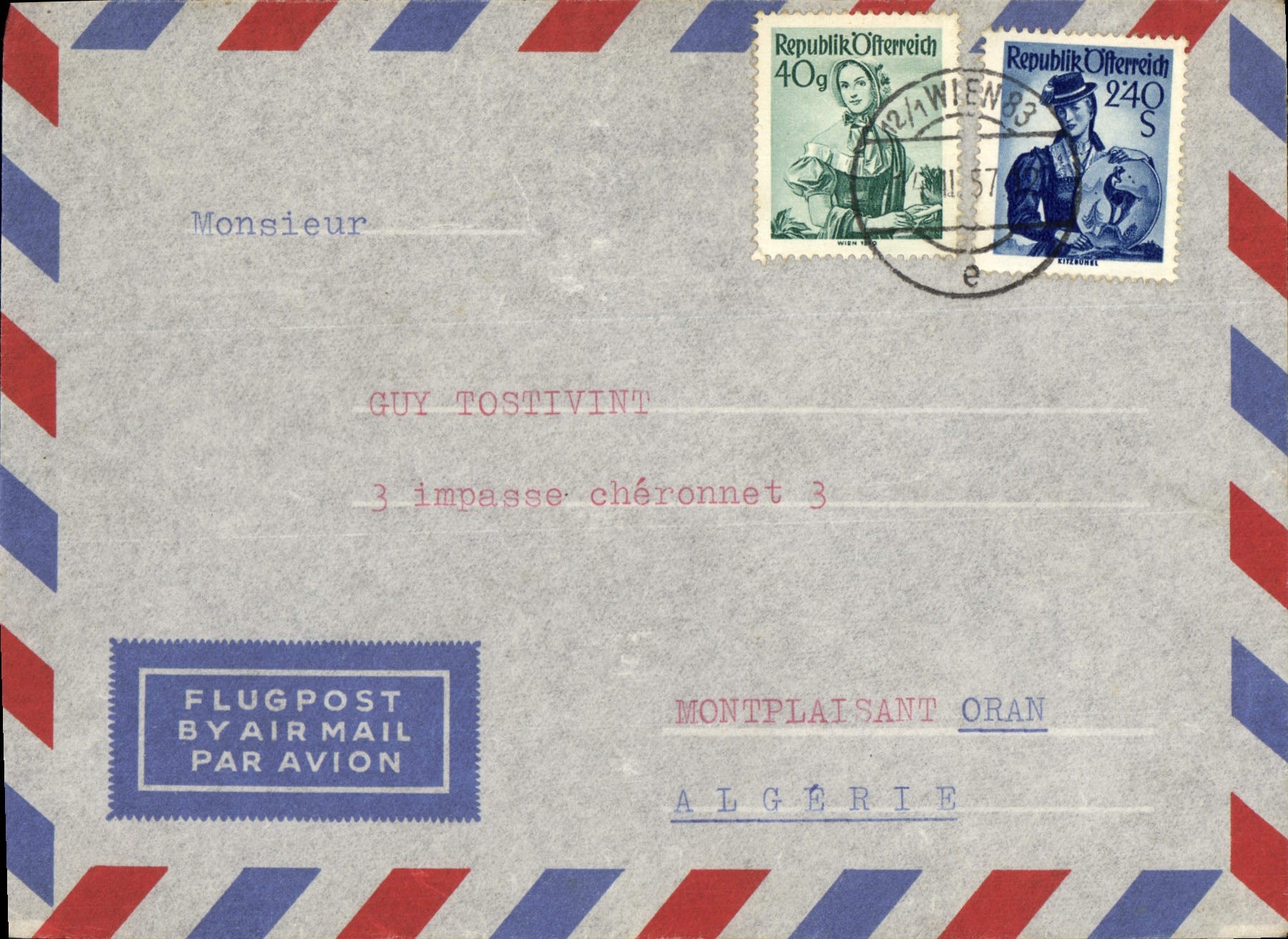 Lettre Autriche 1957 pour Montplaisant Oran Algerie 