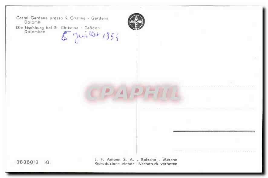 CPA Castel Gardena press S Cristina Gardena Dolomiti  — Rückseite