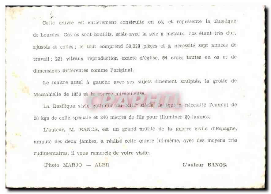 CPA Cette ceuvre est entierement construite en os et represente la Basilique de Lourdes  — Rückseite