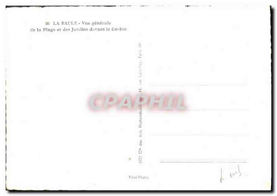 CPA La Baule Vue generale de la Plage et des Jardins devant le Casino  — Rückseite