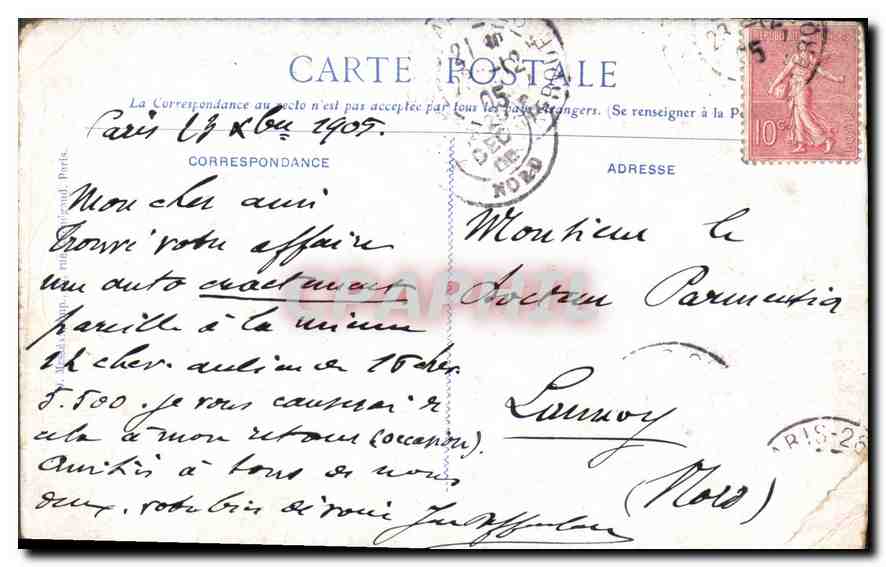 CPA Societe d'Electricite Nilmelior 42 rue Lacordaire Paris Militaria Automobile — Back