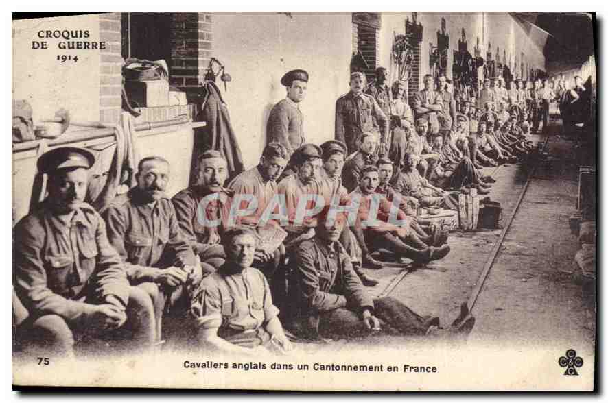 Cavaliers anglais dans un Cantonnement en France — Croquis de Guerre 1914, n°75