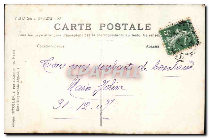 Jeune femme avec guirlande de gui — Heureuse Année — éditeur Walory — Back