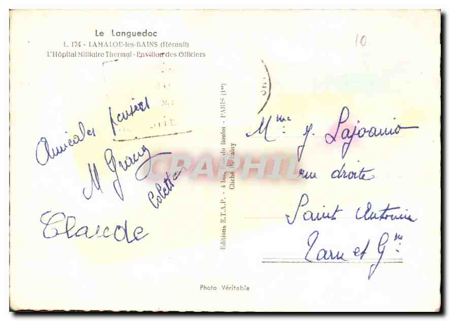 CPA Le Languedoc Lamalou les Bains Herauth L'Hopital Militaire Thermal Pavillon des Officiers  — Back