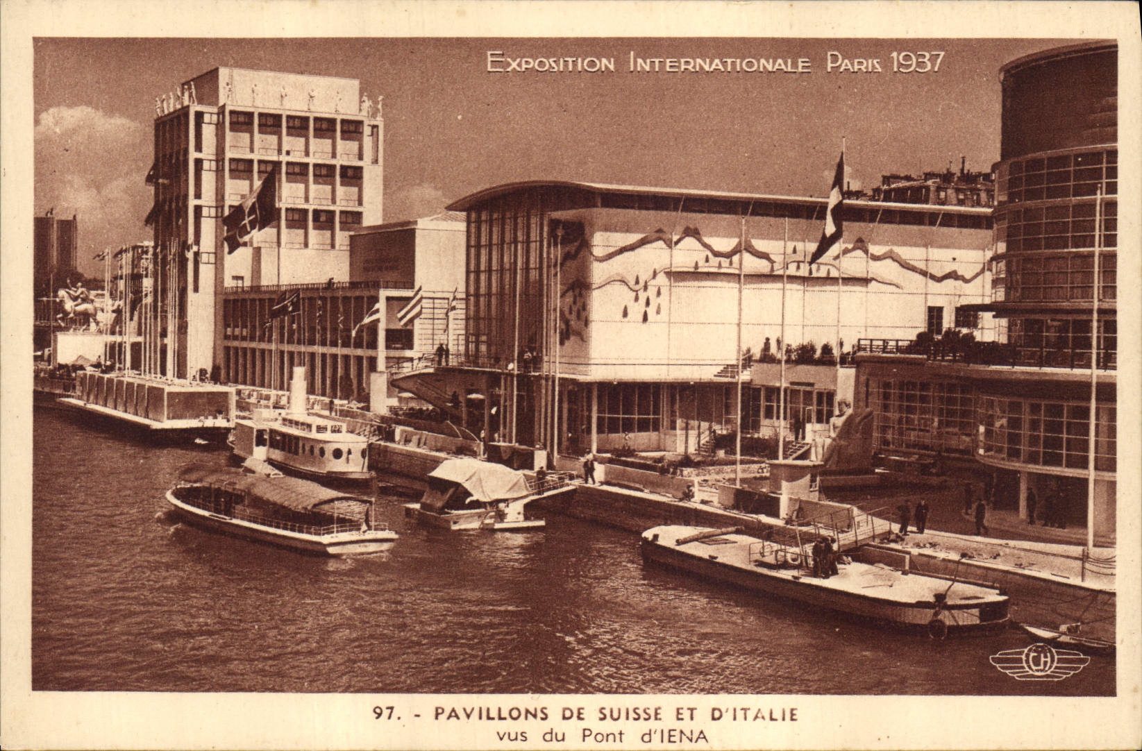 CPA Exposition Internationale Paris 1937 Pavillons de Suisse et d'Italie vus du Pont d'Iena 