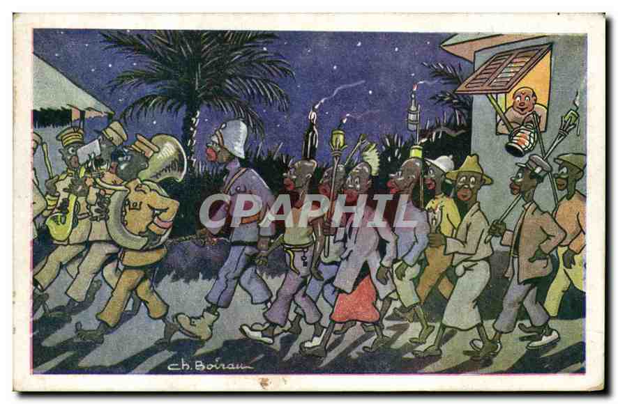 Parade nocturne — scène de nuit avec musiciens et porteurs de flambeaux — dessin de Ch. Boirault
