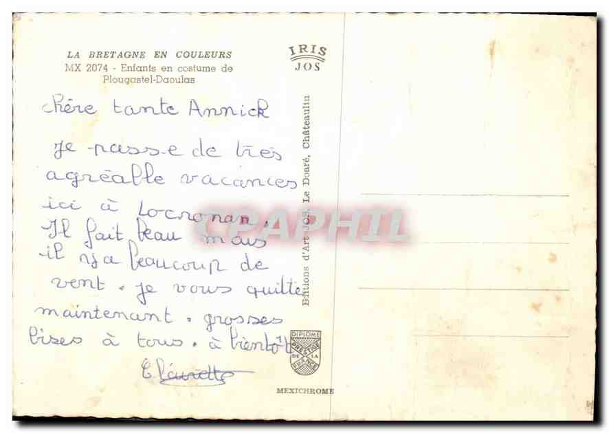 CPA La Bretagne en Couleurs Enfants en costume de Plougastel Daoulas  — Rückseite