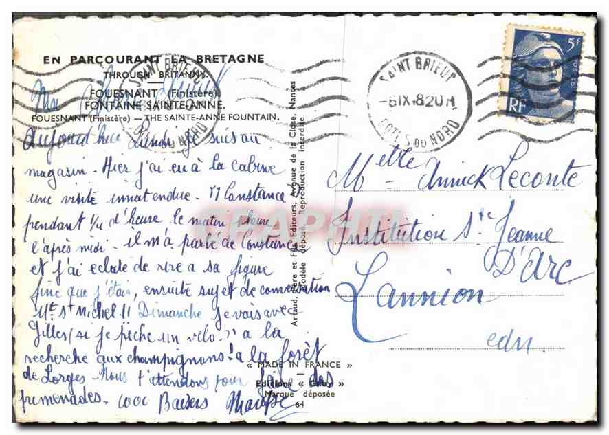 CPA En Parcourant la Bretagne Fouesnant Finistere Fontaine Sainte Anne  — Rückseite