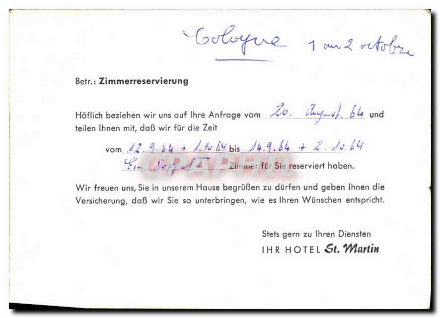 Lettre  Hotel Restaurant St Martin  — Rückseite