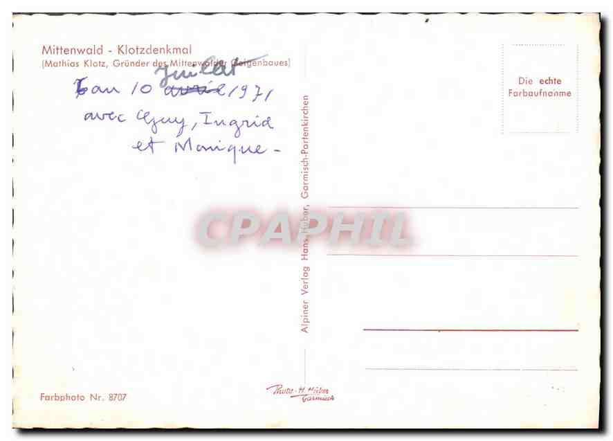 CPM  Mittenwald Klotzdenkmal Mathias Klotz Grunder des Mittenwoider  — Verso