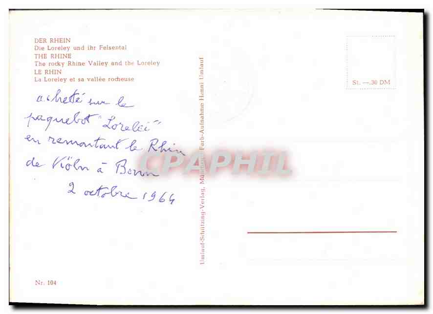 Le Rhin et la vallée rocheuse — La Loreley — éditeur Unimail-Schützungs-Verlag, n° 104 — Rückseite
