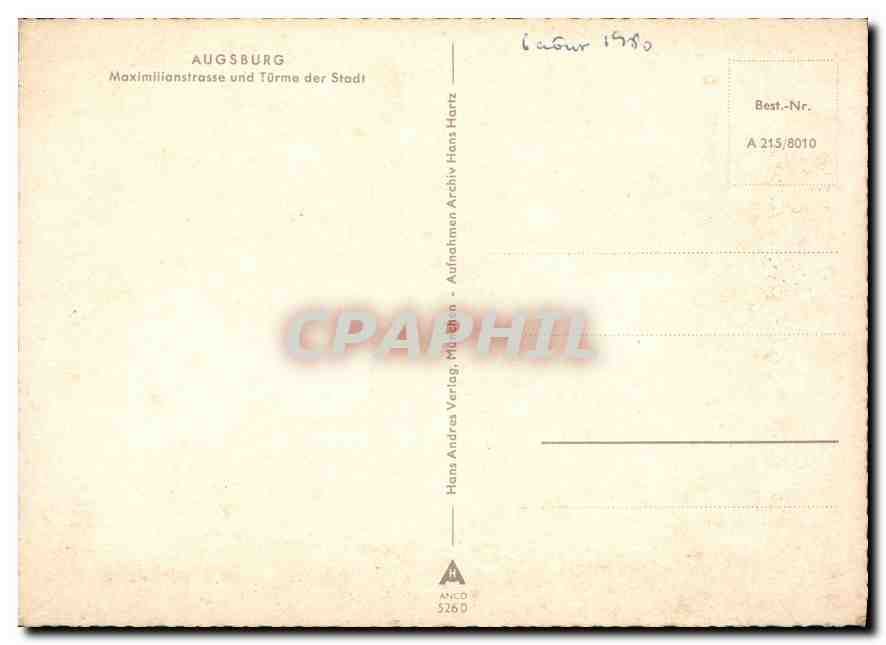 CPA Augsburg Maximilianstrasse und Turme der Stadt  — Verso