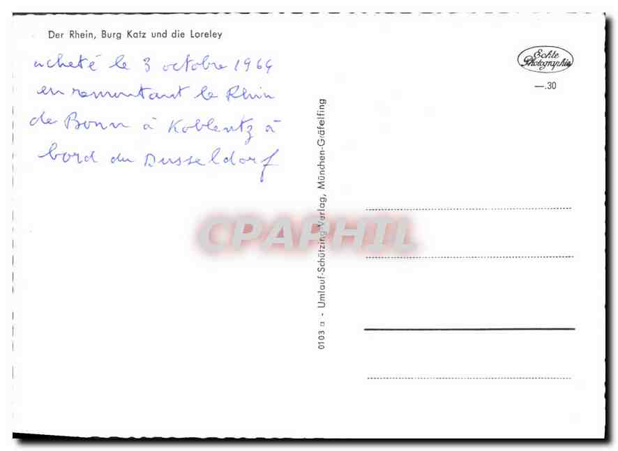 Burg Katz et la Loreley — Le Rhin — Umlauf-Schützing Verlag, n° 0103 — Rückseite