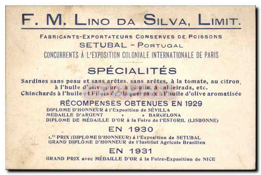 Carte de visite FM Lino da Silva Limit Poissons Setubal Portugal Leon Saisse Rue Servient Lyon — Rückseite