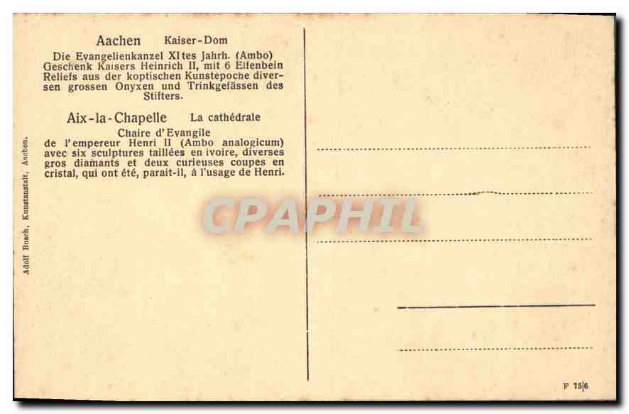 CPA Aachen Kaiser Dom Die Evangelienkanzel   — Rückseite