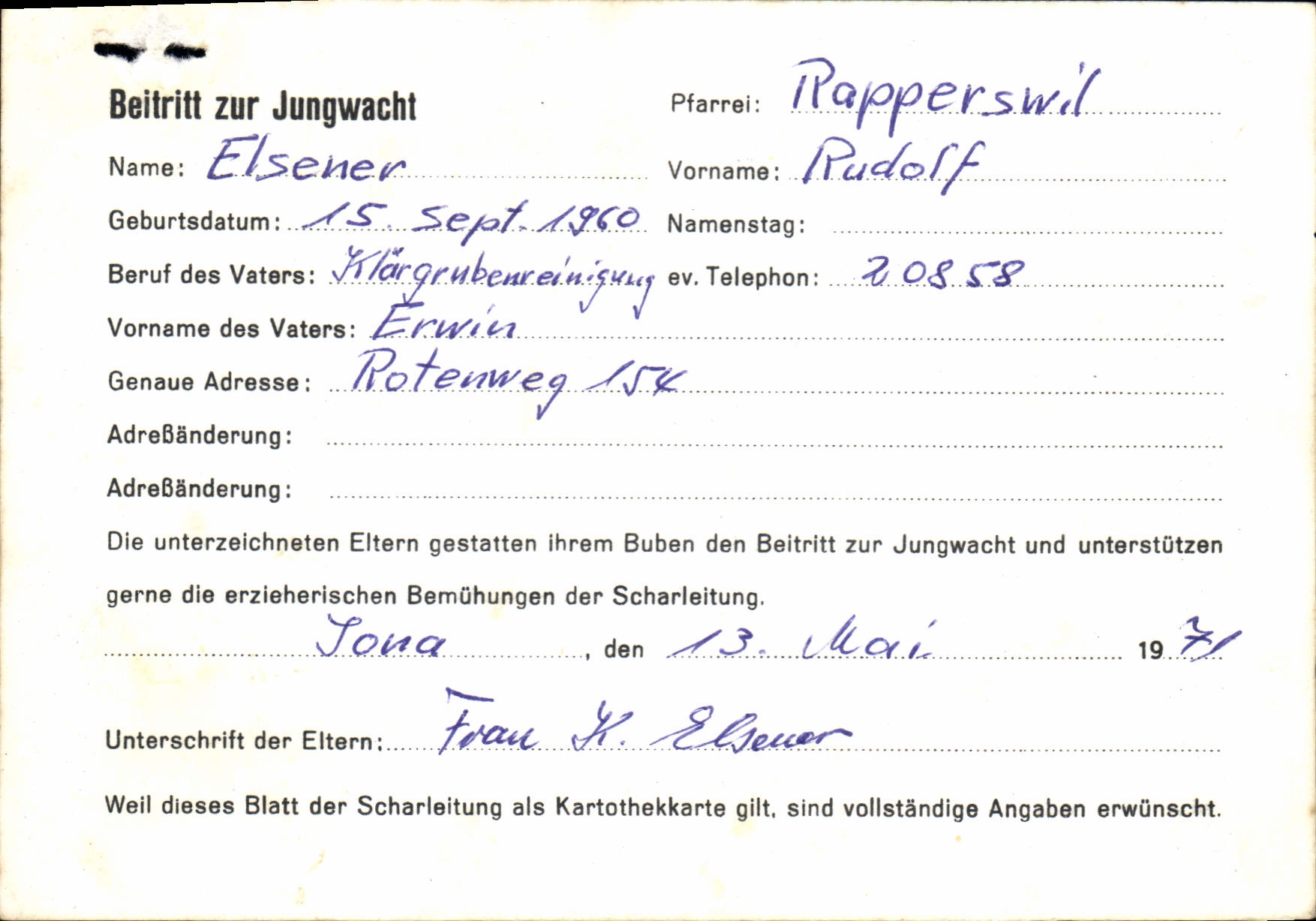 Carte lettre Beitritt zur Jungwacht Rapperswill Rudolf