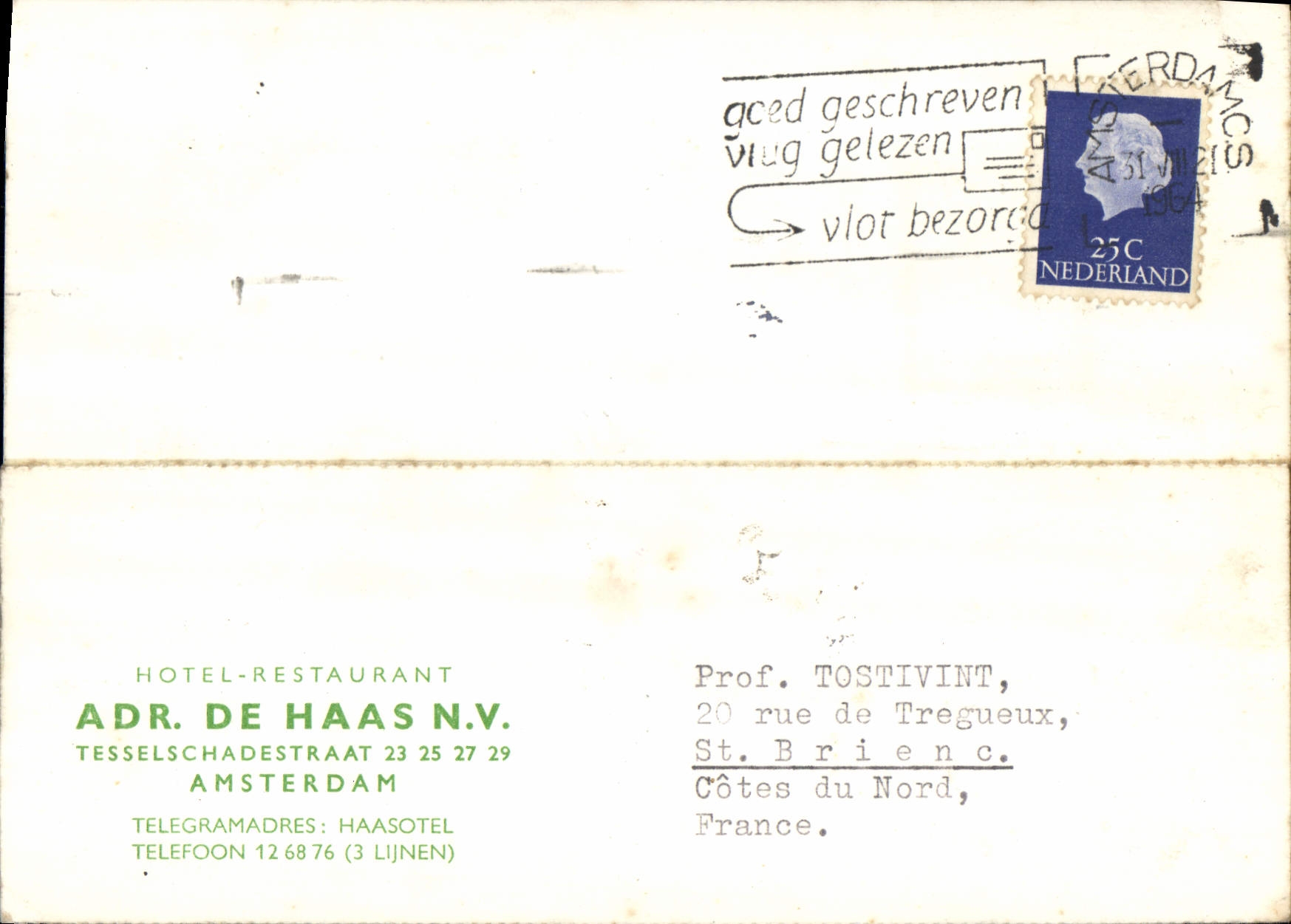 Lettre Adr De Haas NV Amsterdam Hotel Restaurant 