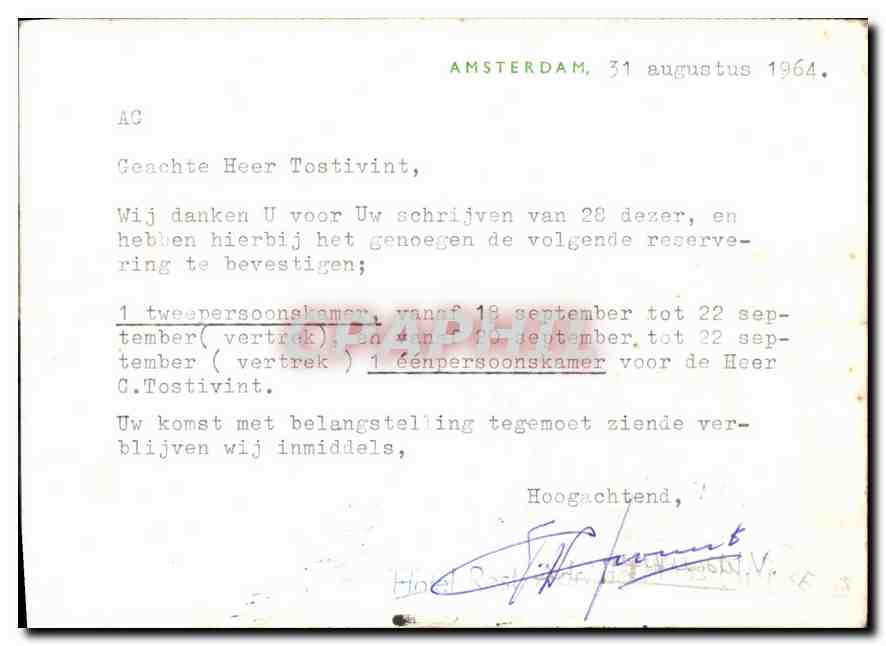 Lettre Adr De Haas NV Amsterdam Hotel Restaurant  — Back