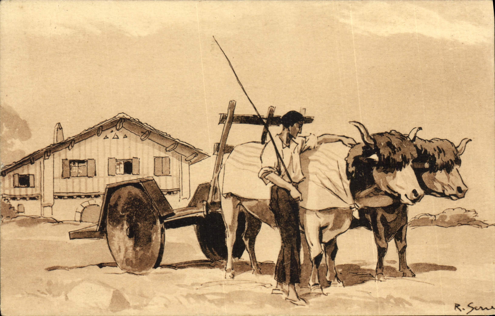 CPA Folklore Attelage basque par Raoul Serres 