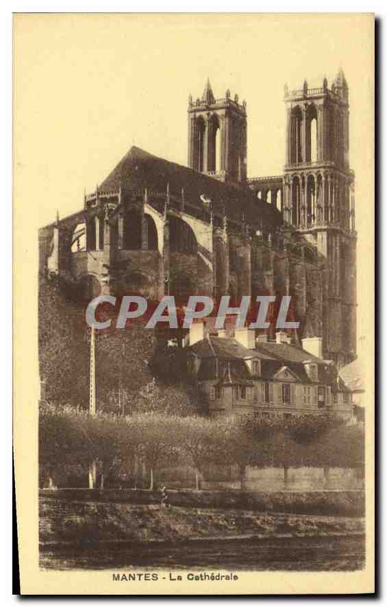 Mantes - La Cathédrale — vue de la cathédrale gothique avec ses deux tours, éditeur non identifié