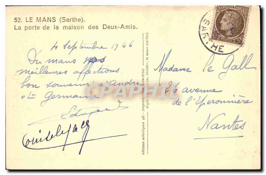 CPA Le Mans Sarthe La porte de la maison des Deux Amis  — Rückseite