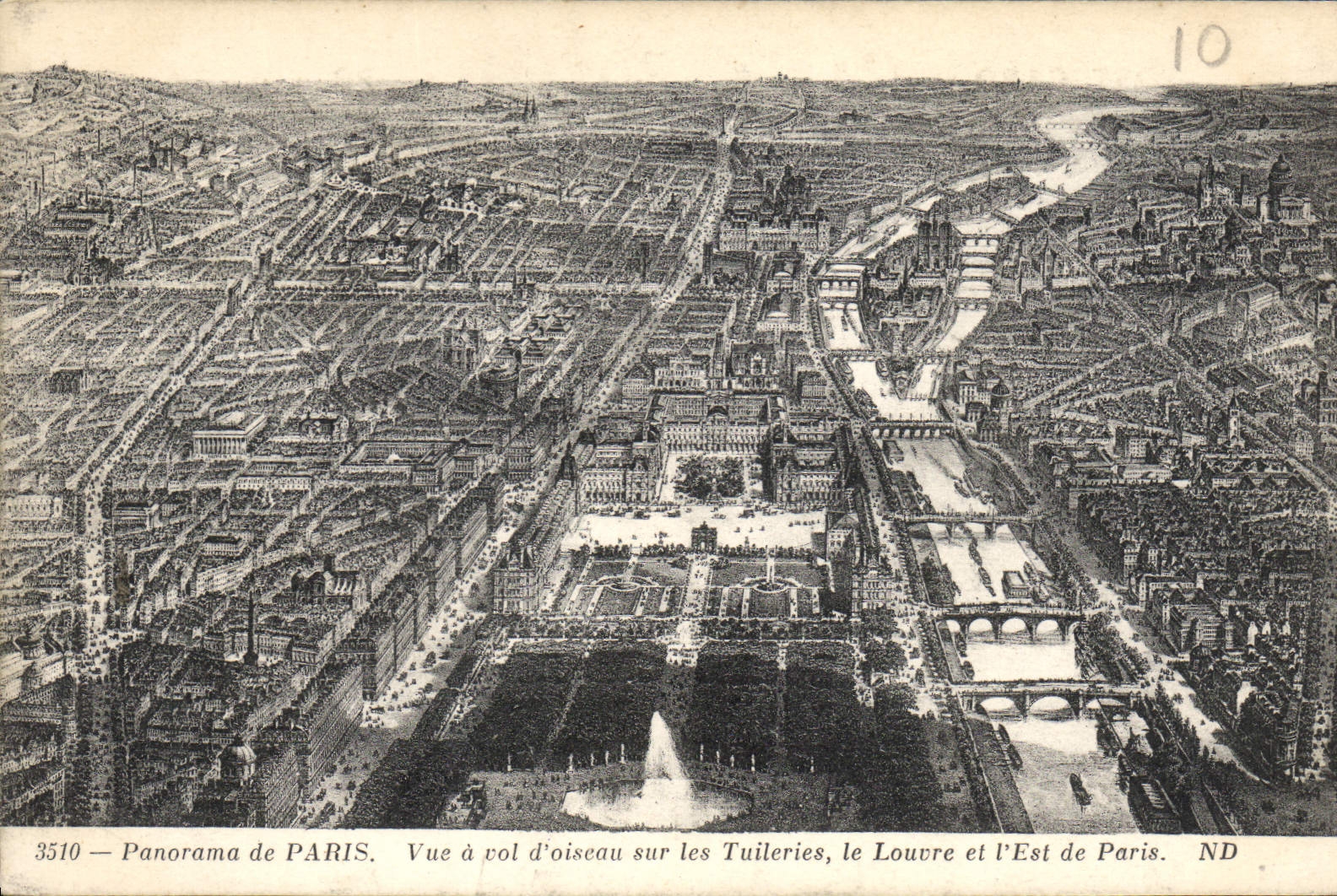 Panorama de PARIS — Vue à vol d'oiseau sur les Tuileries, le Louvre et l'Est de Paris — ND