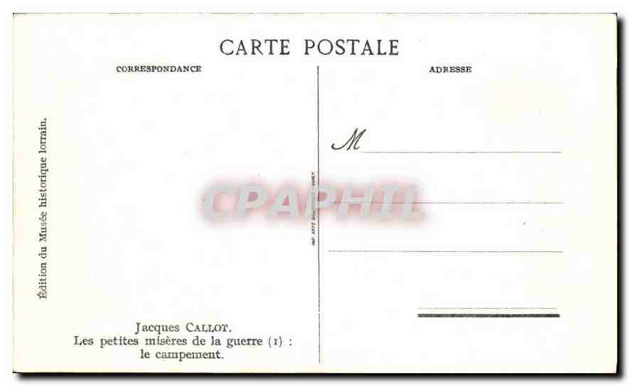 CPA Jacques Callot Les petites miseres de la guerre le campement  — Verso