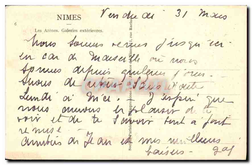 Nîmes — The Arenas. Exterior Galleries — Vintage Postcard n°6 — Back