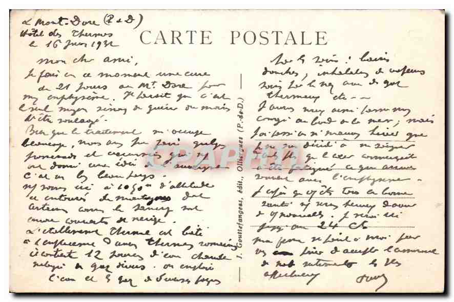 CPA Le Mont Dore Vue generale — Rückseite