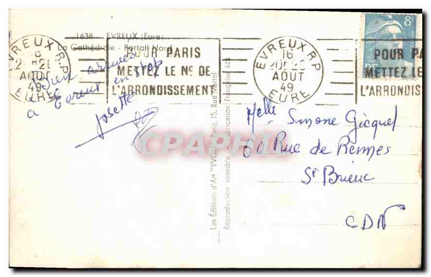 CPA Evreux (Eure) Cathedrale Portail Nord — Rückseite