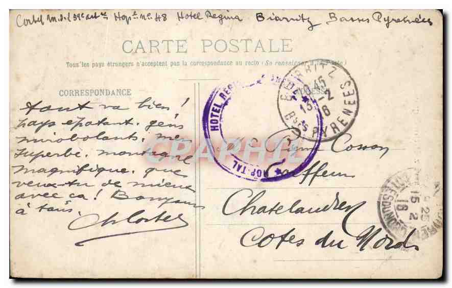 CPA Biarritz Pittoresque Hotel Regina — Rückseite