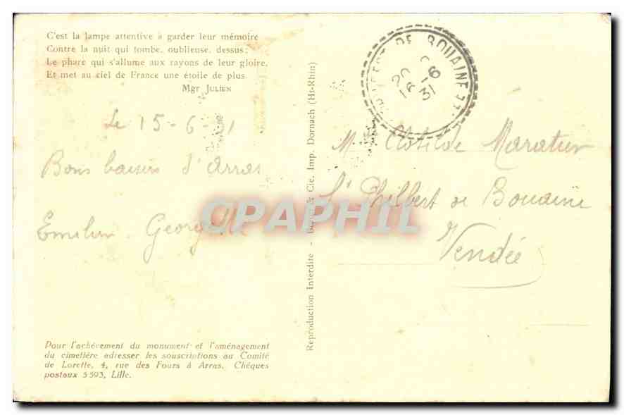 CPA N D de Lorette Vue de la Tour — Rückseite