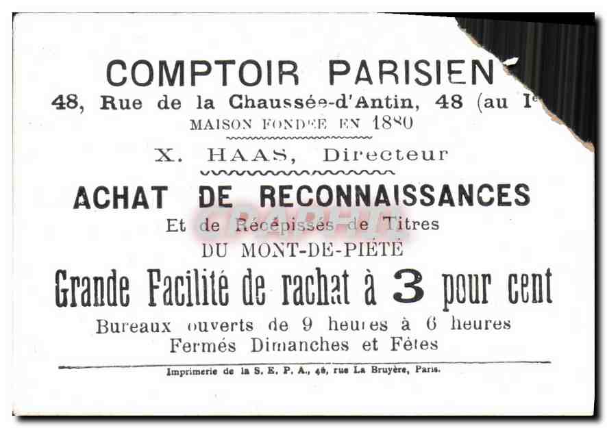 Chromo Comptoir Parisien Rue de la Chaussee d'Antin Maison Fondee en 1880 — Verso