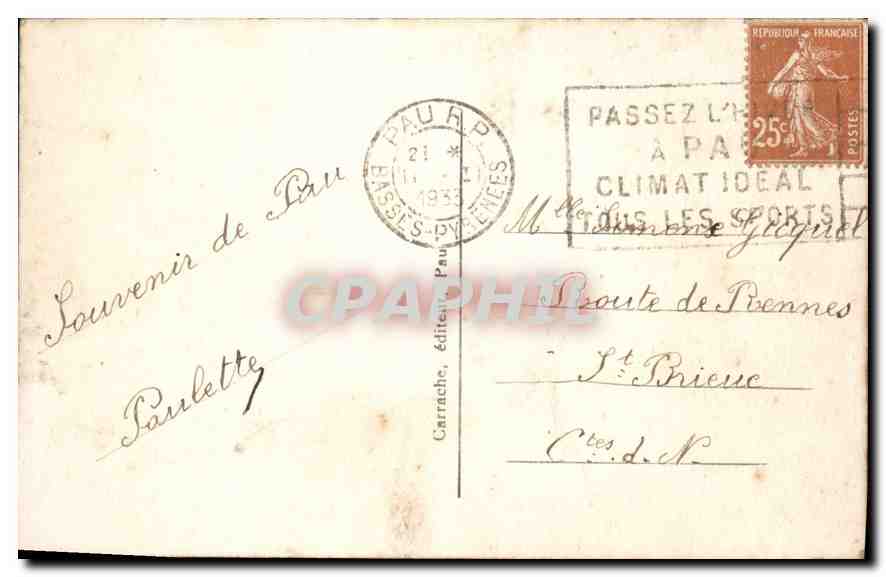 CPA Pau La Chaine des Pyrenees — Rückseite