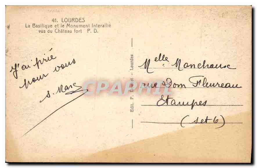 CPA Lourdes La Basilique et le Monument Interallie vus du Chateau Fort — Verso