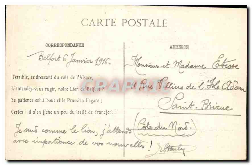 CPA Belfort 6 janvie 1916 Le Lion Sympatienne — Rückseite