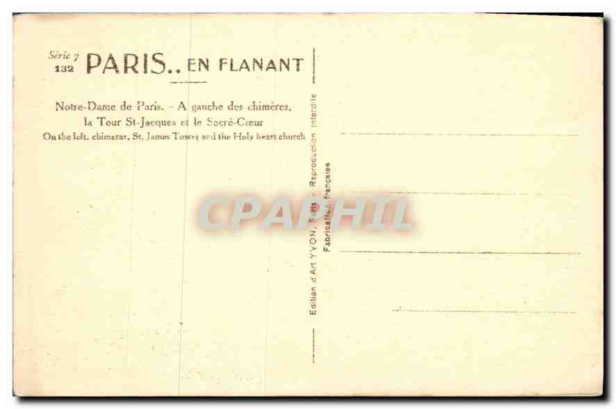 CPA Paris En Flanant Notre Dame de Paris A gauche des Chimeres la Tour St Jacques et le Sacre Coeur — Verso