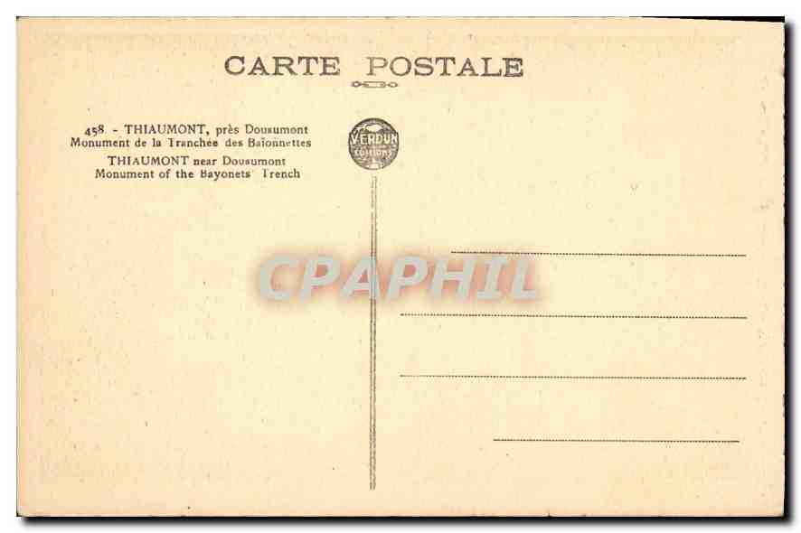 Monument of the Bayonet Trench — Thiaumont near Dousumont — Publisher Verduin, No. 458 — Back