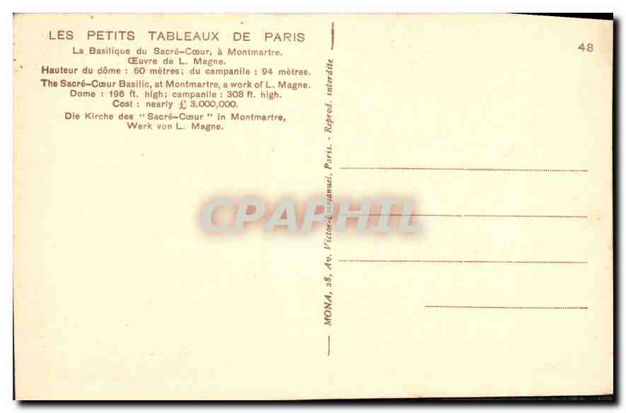CPA Les Petit Tableau de Paris La Basilique du Sacre Coeur a Monimartre Oeuvre de L Magne — Rückseite