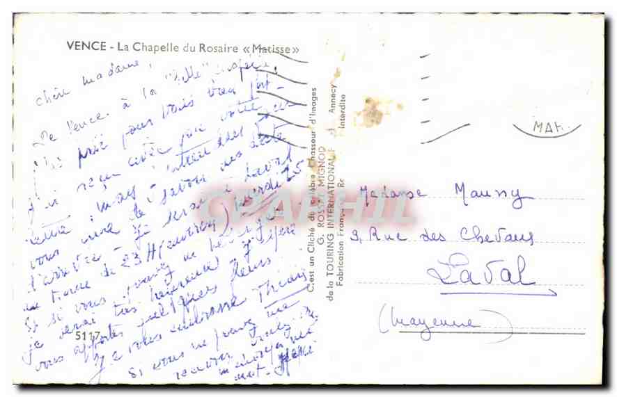 CPA Vence La Chapelle du Rosaire Metisse — Rückseite