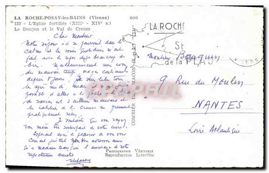 La Roche-Posay (Vienne) — L'Église fortifiée (XIIIe-XIVe s.) et le Donjon — Photographie Combier — Verso