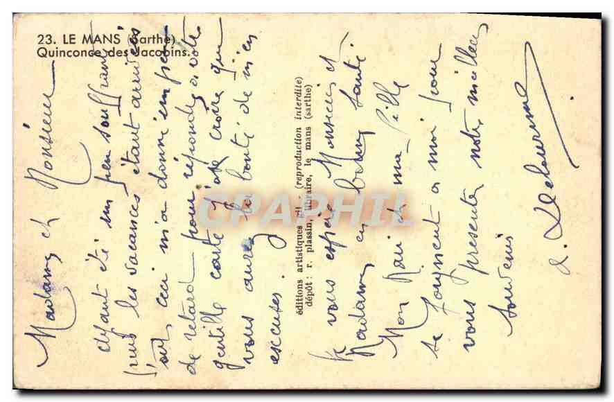 CPA Le Mans (Sarthe) Quinconce des Jacobins — Verso