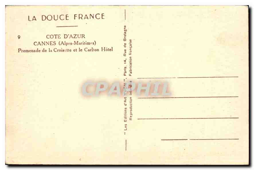 CPA Cannes (Alpes Maritimes) Promenade de la Croisette et le Cartlon Hotel — Rückseite