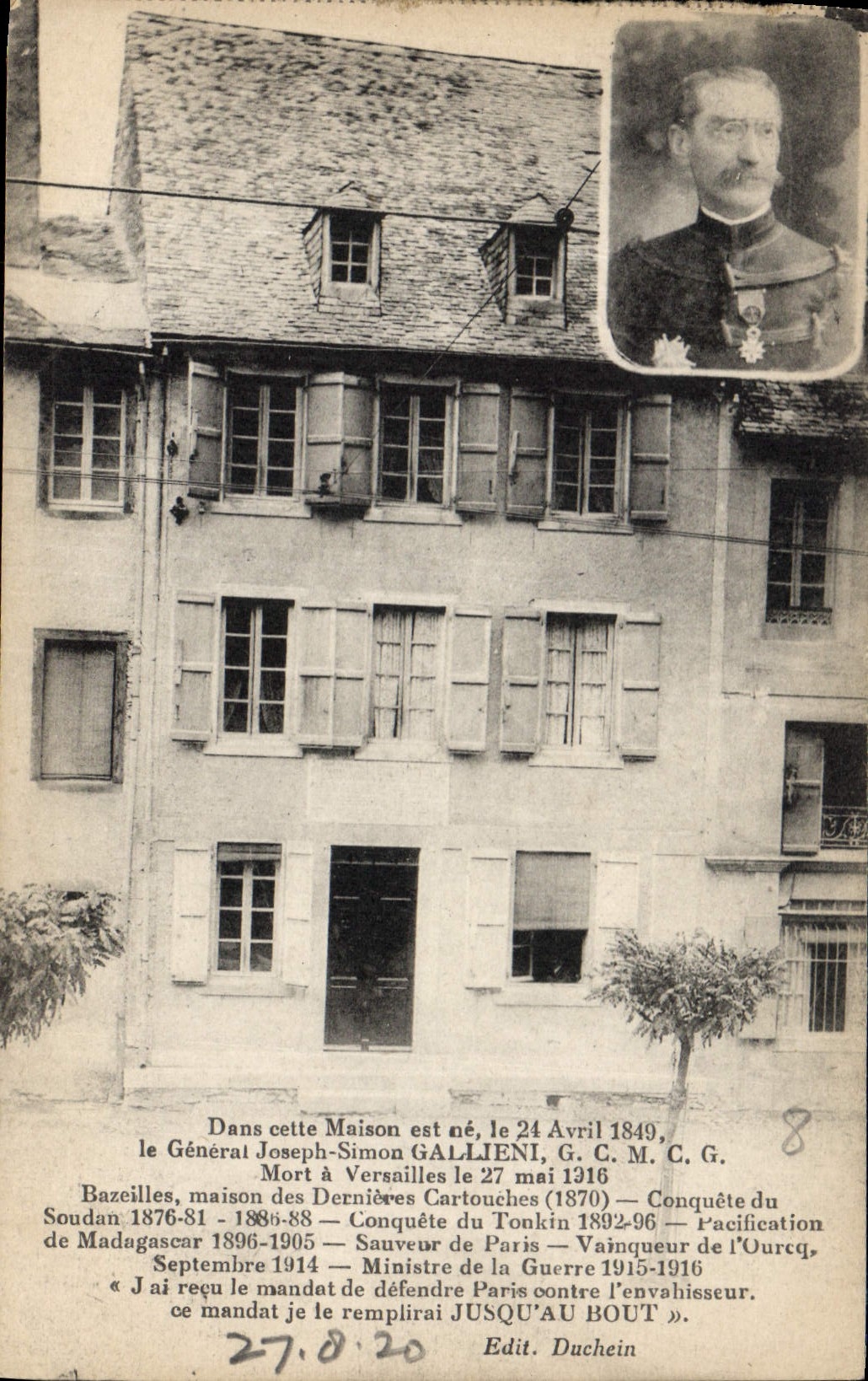 Maison natale du Général Joseph-Simon Gallieni — Bazeilles — Éditeur Duchein, n°8