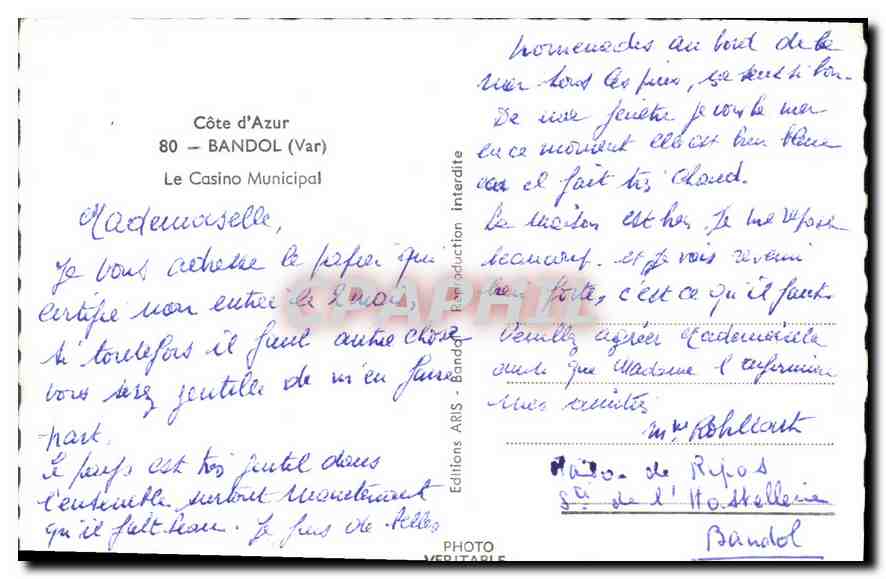 CPA Bandol (Var) Cote d'Azur Le Casino Municipal — Rückseite