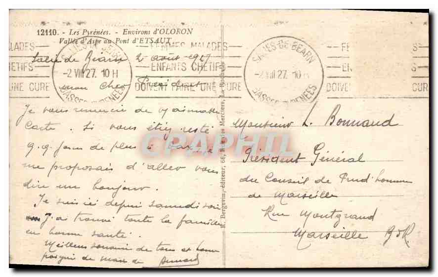 Tarjeta postal antigua Las Pirineos Alrededores de Oloron Valle de Aspe del Pont D'Estaut — Reverso