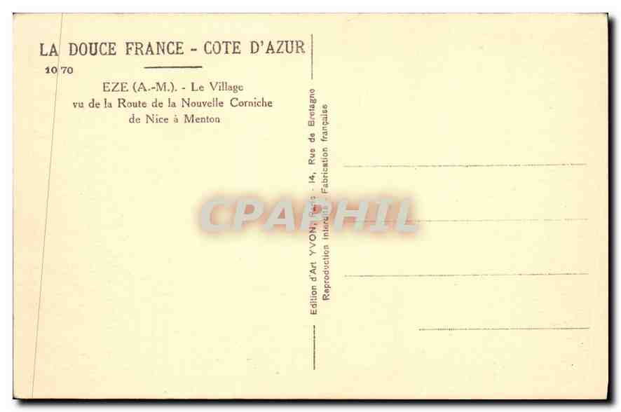 CPA Eze A M Le Village vu de la Route de la Nouvelle Corniche de Nice a Menton  — Rückseite