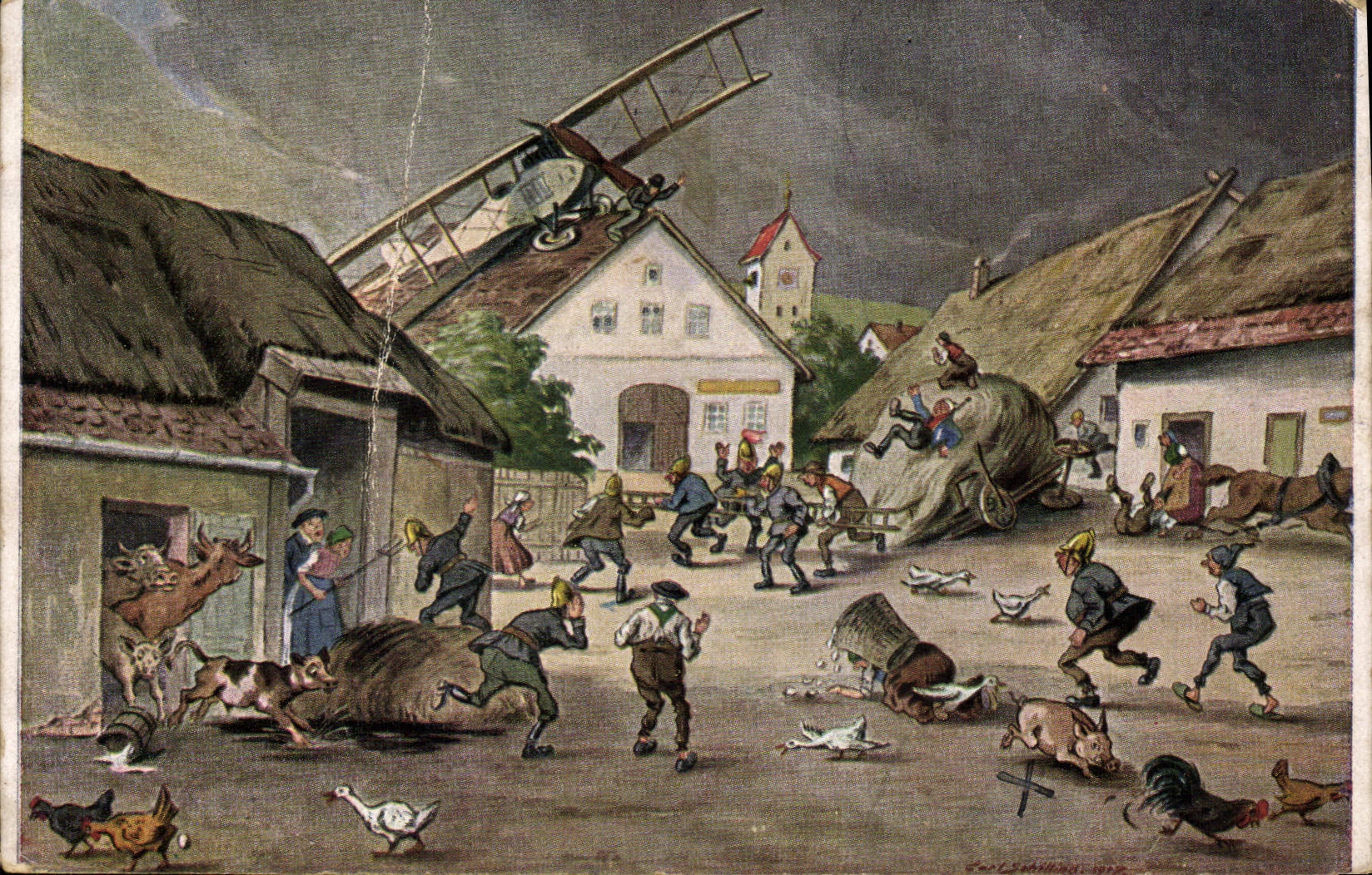 CPA O diese Fileger Aufruhr im Dorf 