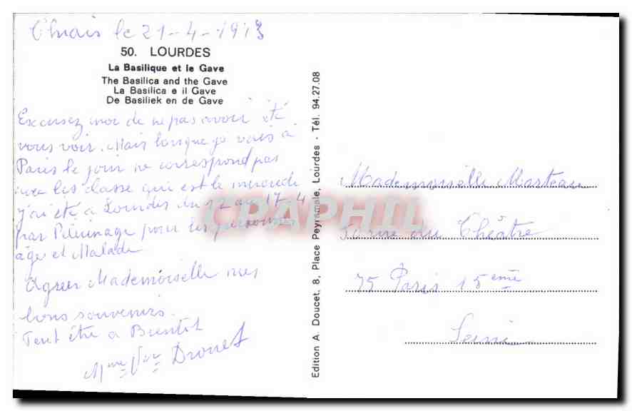 CPM Lourdes La Basilique et le Gave  — Verso